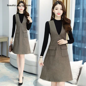 

suit 2020 Women's autumn and winter New Korean style fashion temperament woolen strap dress women's dress two-piece set