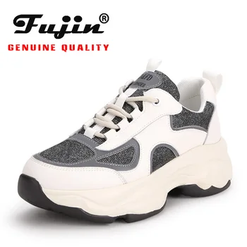 

fujin Genuines Sneakers Women Autumn Leather Dropshipping Fashion Thick Bottom Cowhide Breathable Lace Leisure Women Shoes
