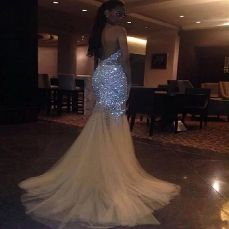 Stunning Bling Bling Crystals Mermaid Prom Dresses Long African Girls Sexy Backless Evening Gowns Halter Beaded Pageant Dress