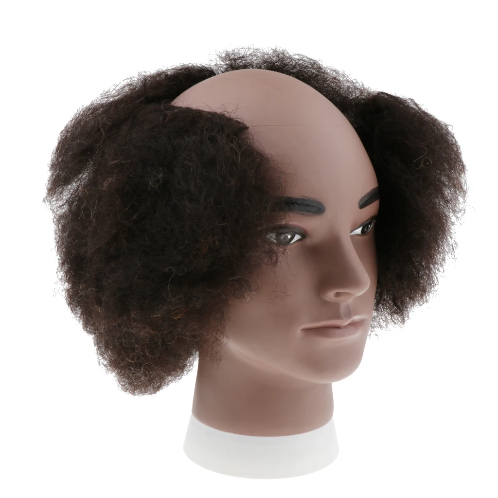 Male Bald Mannequin Head with 100% Human Hair, Curly Wig Display Styling Head, Use in Salon or Home or Travel