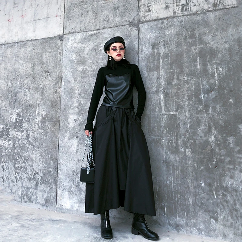 [EAM] High Elastic Waist Black  Buckle Split Joint IrregularHalf-body Skirt Women Fashion Tide New Spring Autumn 2020 1DA108