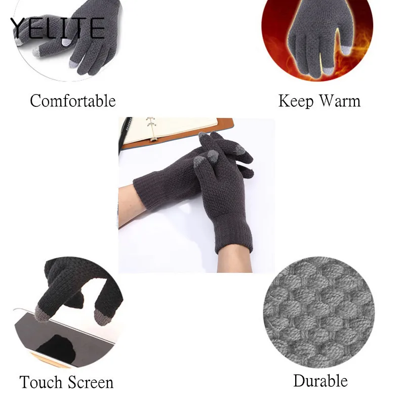 YELITE, новинка, зима, осень, мужские вязаные перчатки, сенсорный экран, мужские, утолщенные, теплые, шерстяные, перчатки, мужские, полный палец, варежки, вязаные, варежки