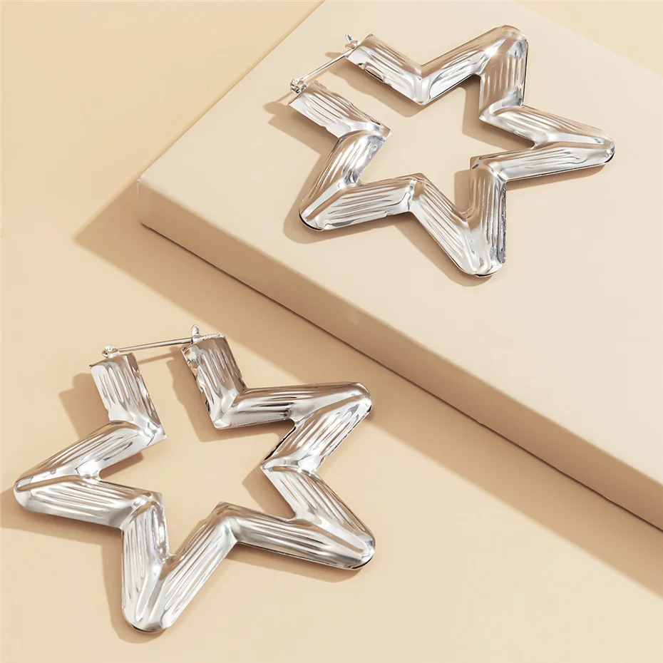 KunJoe 2021 New Punk Gold Color Big Star Hoop Earrings for Women Exaggerated Metal Geometric Earrings For Women Party Jewelry