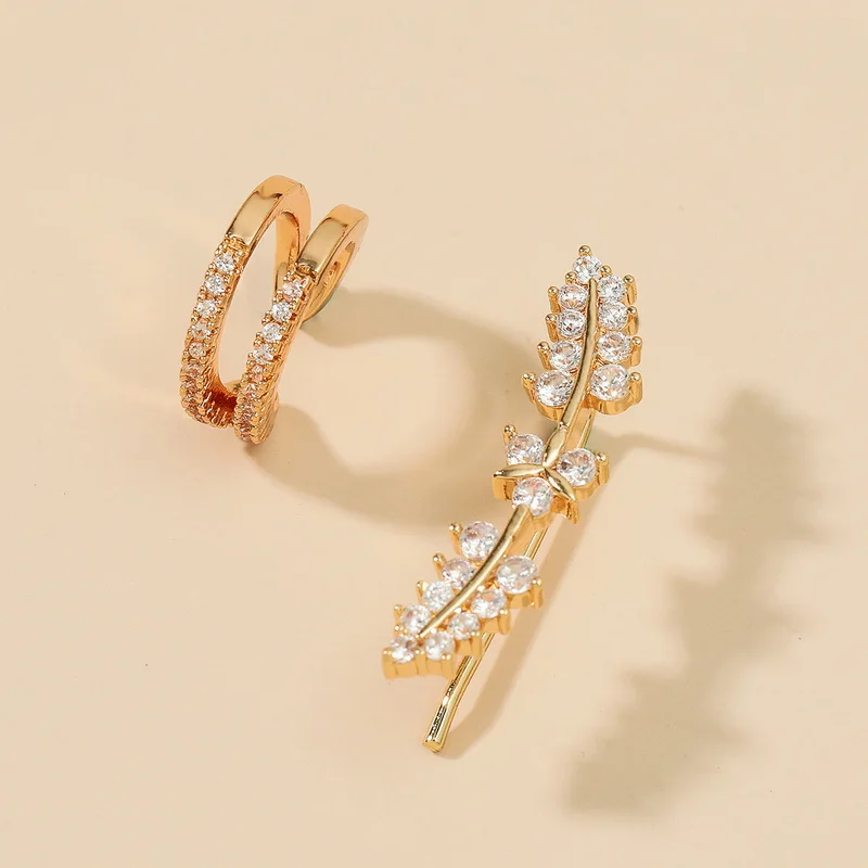 2021 New Ear Clip Bohemian Gold Color Ear Cuffs Zircon Leaf Clip Earrings For Women Climbers Stud Earring Fashion Accessories