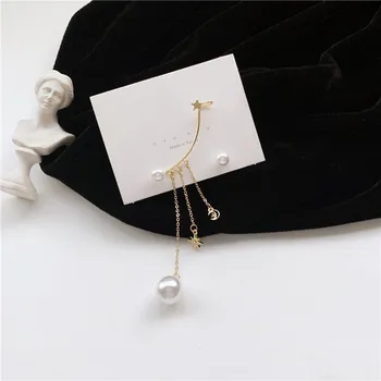 

South Korea temperament ins asymmetric earrings long chain stars pearl earrings fashion female joker ear bones