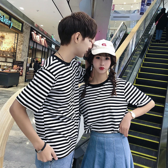 2019 summer fashion Brief stripe Couples t shirt Korea style teen hip hop clothes balck white stripe funny All-match streetwear