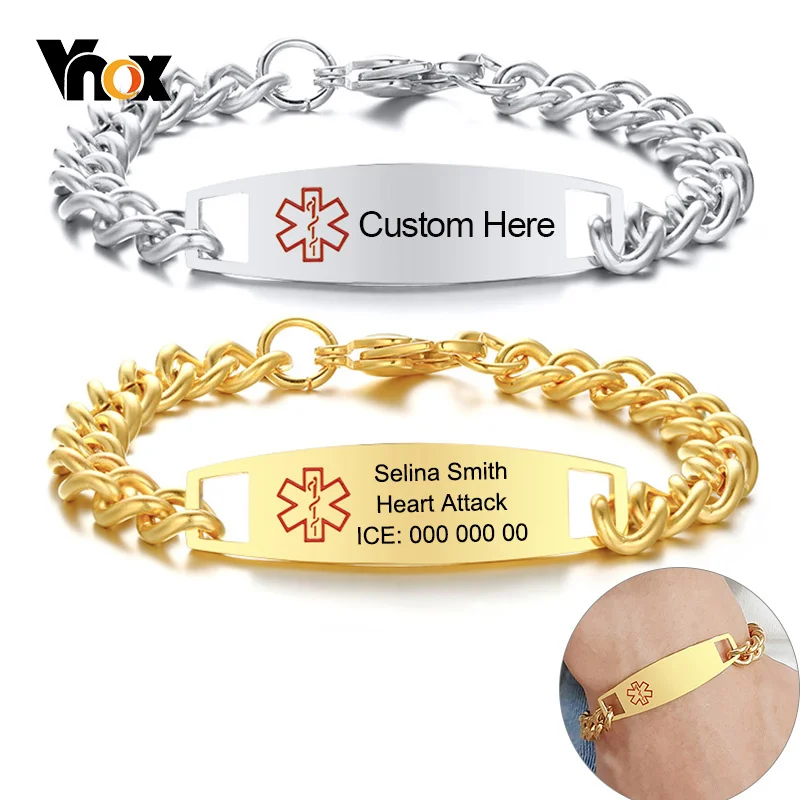 Vnox Engrave Medical Condition Men Bracelets Anti Allergy Stainless
