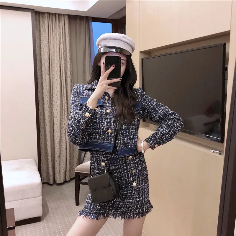 

Two-Piece Set Skirt Female 2019 Autumn New Women's Long-Sleeved Patchwork Jacket + Plaid Skirt Fashion Small Fragrance Two-Piece