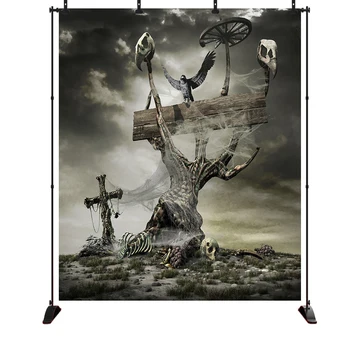 

Halloween Grey sky photography background Horror hand bone tree crow Cross tombstone Photography Photo Background