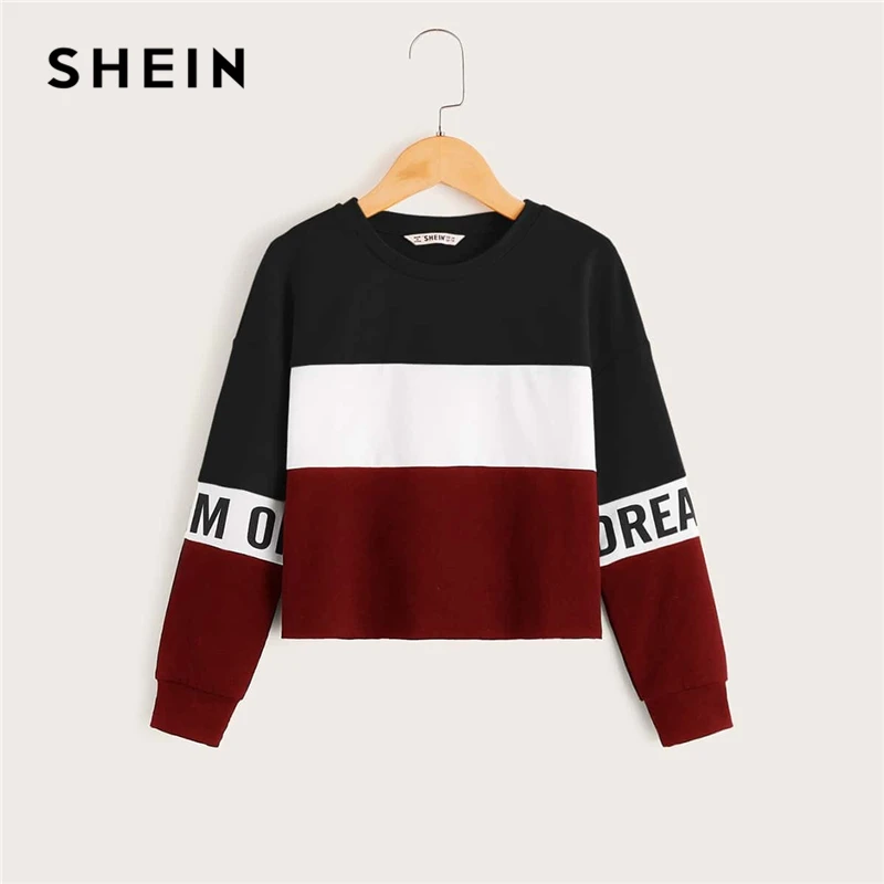 SHEIN/Детская разноцветная толстовка с буквенным принтом для девочек детские топы г. Осенние повседневные пуловеры с длинными рукавами и цветными блоками