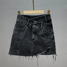 

Irregular Denim Skirt for Woman 2022 Spring Summer New High Waist Slimming Anti-Emptied A- Line Sheath Wrapped Skirts Black Blue
