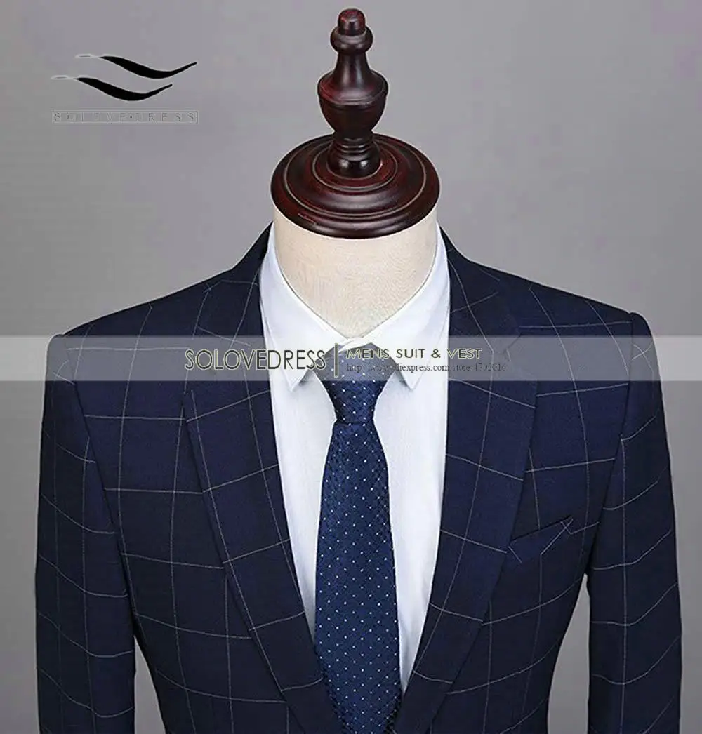 Royal Blue 3 Pieces Mens Suits Plaid Slim Fit Wedding Suits Groom Tweed Wool Tuxedos For Wedding (Jacket+Pants+Vest)