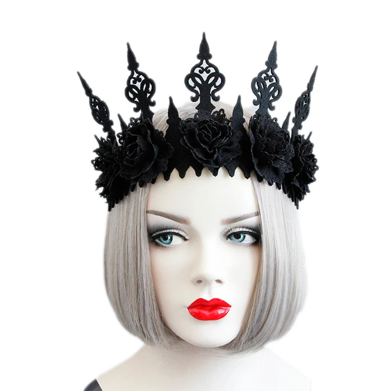 

Gothic Black Crown Roses Tiara Headband Lady Queen Head Wreath Vintage Halloween Party Masquerade Cosplay Accessory