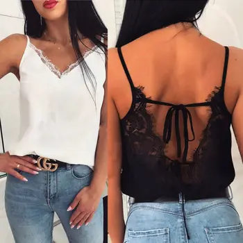 

Women Summer Satin Silk Lace Tank Tops Lady Girls Vest Female Casual Crop Camisole Top Sexy Lace Solid Backless Vest