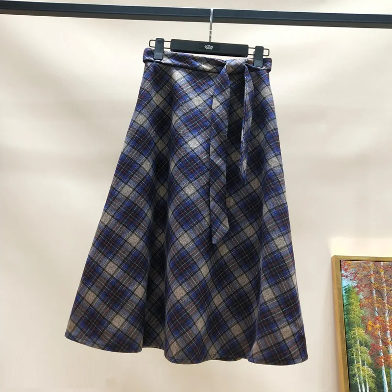 Autumn Winter High waist umbrella skirt a word skirt wild waist woolen female Flared new poncho skirt Plaid Long skirt