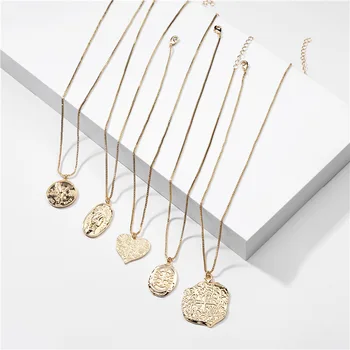 

Vintage Ethnic Indian Relief Portrait Pendant Necklace for Women Boho Ethnic Round Heart Coin Statement Necklaces Gold Color