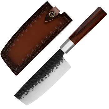

Nakiri Chef Knife 7 Inch Japanese Razor Sharp Hammered Tsuchime Finish Handmade Forged Serbian Chef Camping Knife Leather Cover