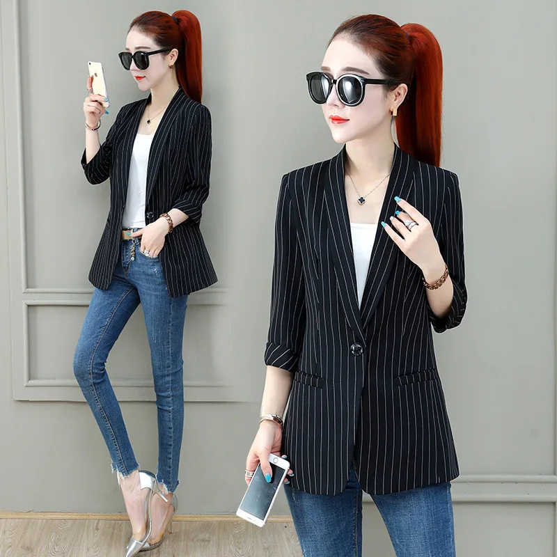 

CHIC Stripes Small Suit Women's 19 Years Spring And Autumn New Style Hong Kong Style Slim Fit Tops Wear Retro Thin Coat