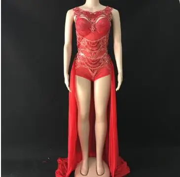 Серебряный перспективный цельный комбинезон с блестками, костюмы, сексуальная женская певица, джазовый танец, сценическая одежда, сексуальный костюм для шоу - Цвет: red