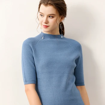 

2020 spring and summer new knitwear women's European and American hedging five-point sleeves slim short-sleeved thin