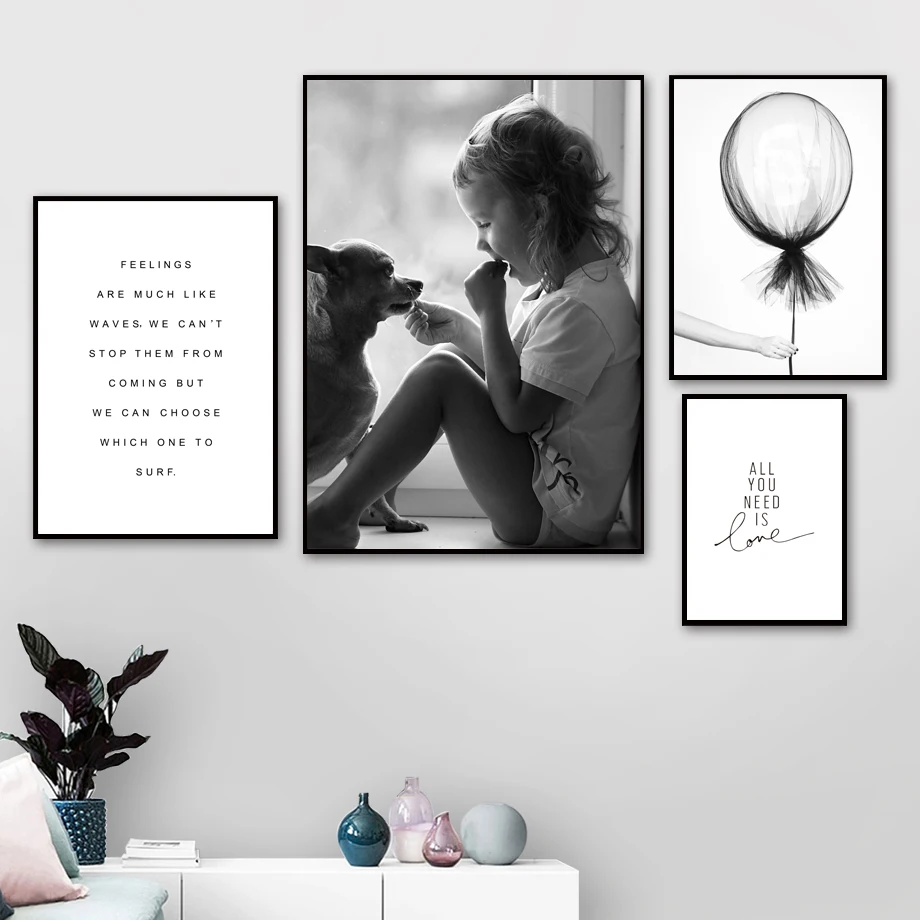 Wall Art Canvas Painting Dog Girl Black White Peony Life Quotes Nordic Posters And Prints Pictures For Living Room Decor | Дом и сад