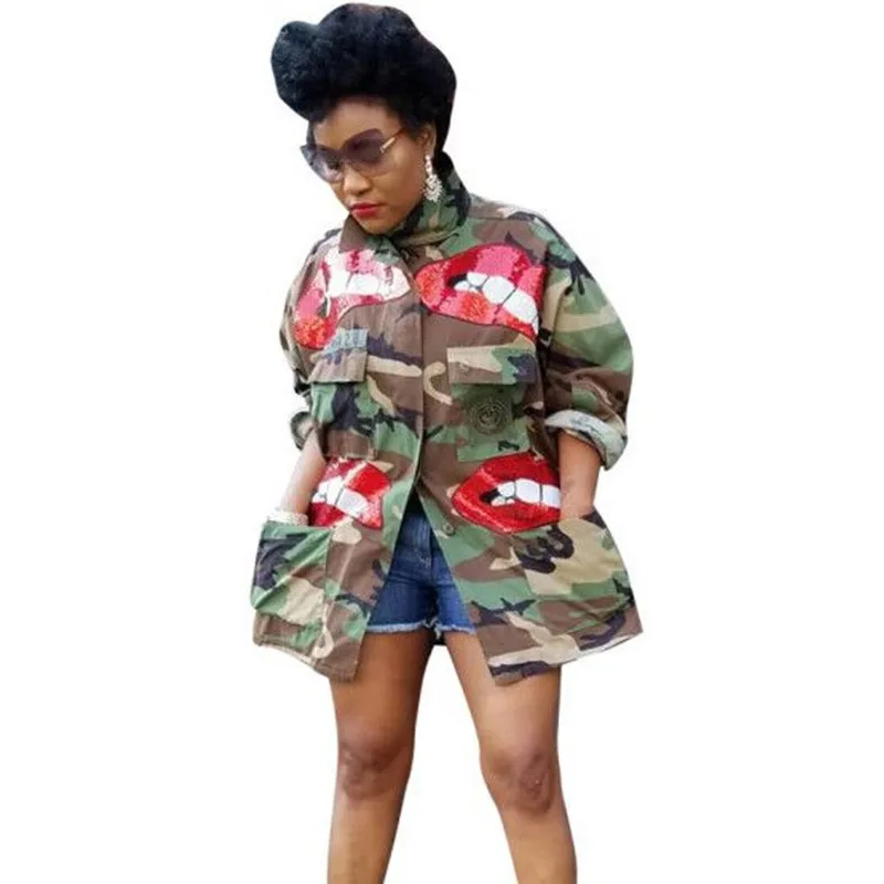 remarkable  Autumn Winter Sequin Lip Camouflage Camo Jacket Coat Women High Neck Button-up Pockets Military Sli