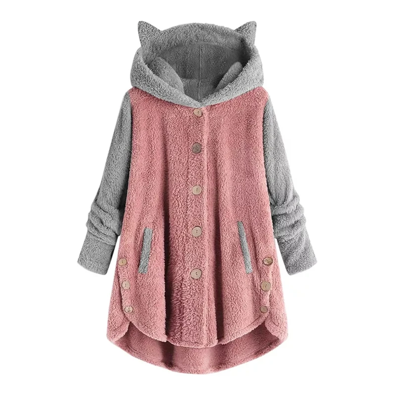 Pink Новинка зимы, худи с кошачьими ушами, женское однобортное теплое плюшевое пальто подходящего цвета, женские осенние куртки размера плюс, черные повседневные куртки - Цвет: Pink