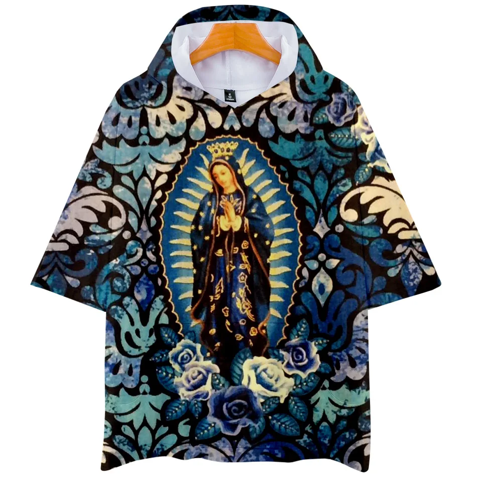 

Occident Fashion Our Lady of Guadalupe Blessed Virgin Mary Digital Printing 3D Short Sleeve Hooded T-shirt Men And Women