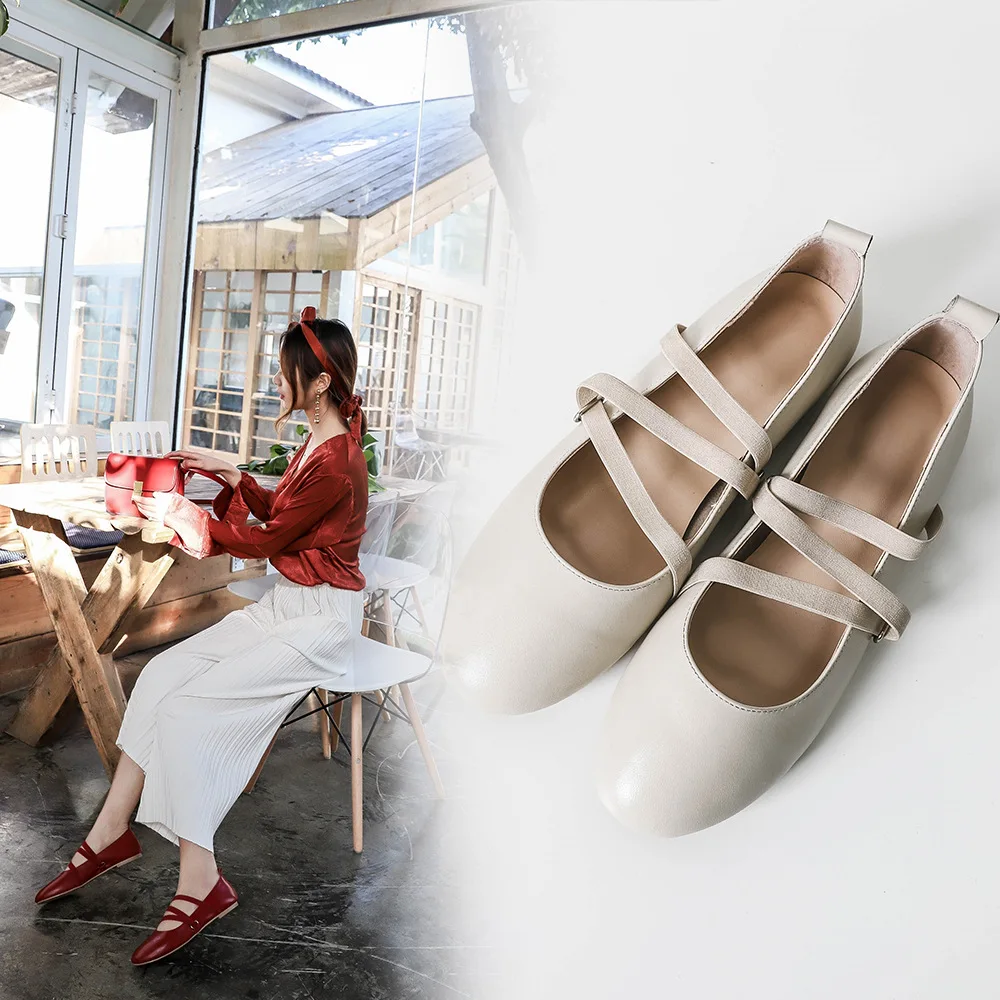 

2019 Spring New Style Women's round-Toe Flat Versitile Fashion Size Code Bandage Cloth Shallow Mouth Single Shoes Genuine Leathe