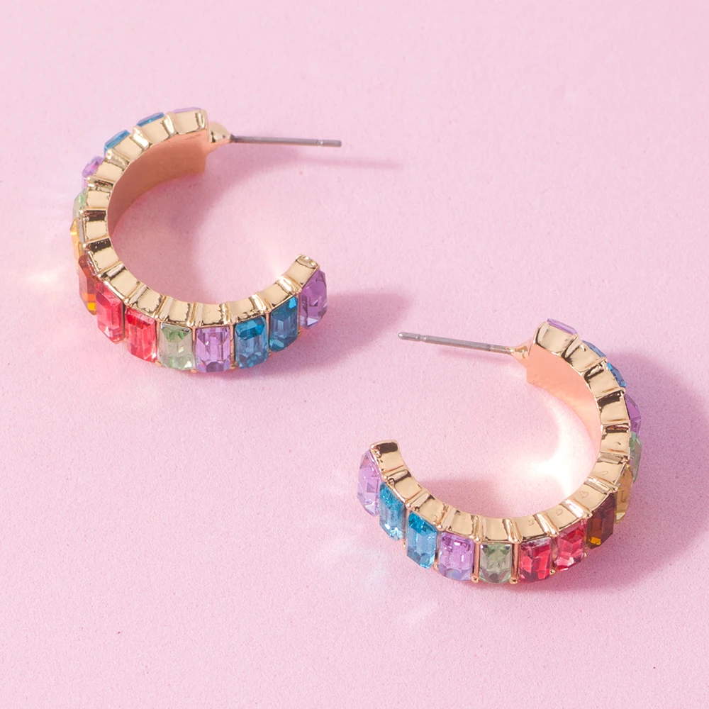 Stud earrings Lost Lady Fashion Multi-Color Crystal Glass C Cuff Stud Earrings Girl Women's Geometric Earrings Wedding Party Jewelry