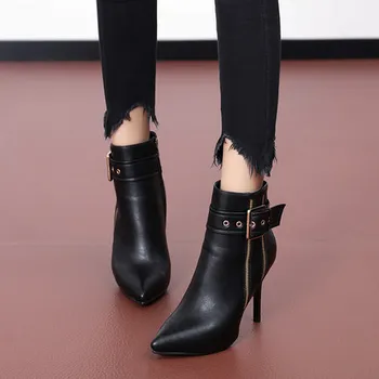 

2019 new autumn sexy thin with pointed Martin boots female belt buckle high heel side zipper women's booties