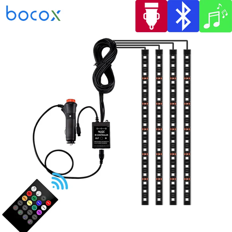 12v Car Interior Atmosphere Led Light Decorative Light Auto Roof Floor Foot Music Sound Wireless Control Music RGB LED Strip