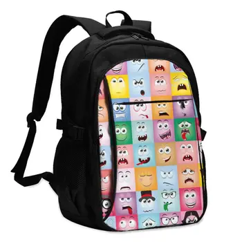 

Hot USB Charging Laptop Women's Backpack Students School Backpack Cute Cartoon Faces With Different Emotions Travel Bagpack