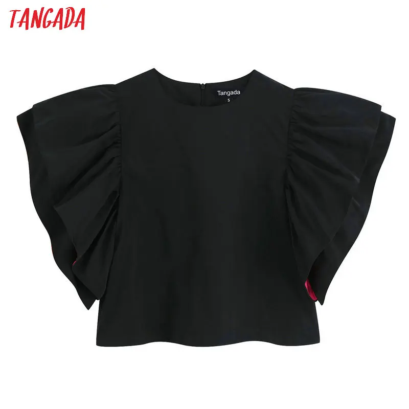 

Tangada fashion women black blouse eleagnt o neck chic puff short sleeve designer shirts female chic tops BE660