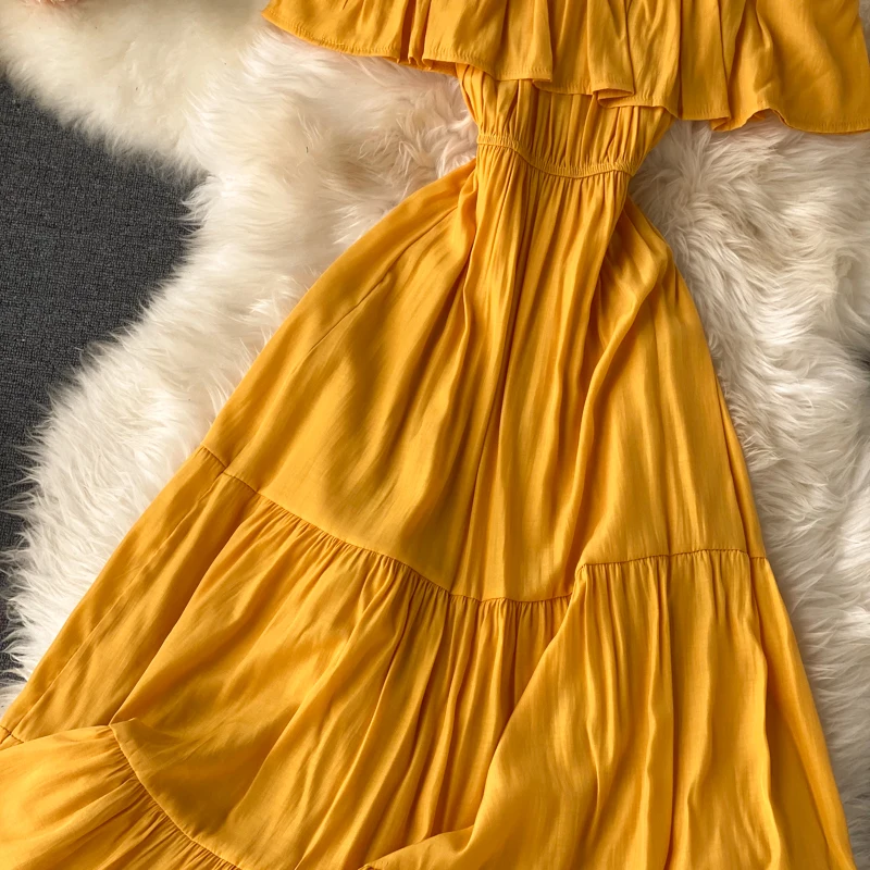 SINGRAIN Women Summer Off Shoulder Maxi Dress Solid Ruffles Dress Elegant Romantic A-Line Dress Korean Sexy Slash Neck Long Robe
