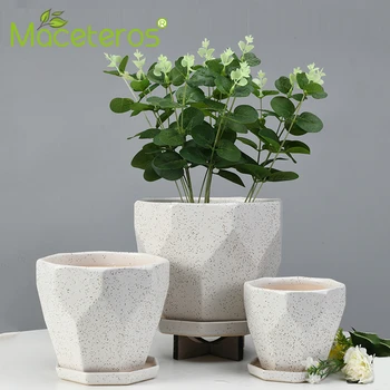 

New Creative Simple Polygonal Ceramic Flower Pot Comes With Tray Balcony Green Plant Potted Gardening Planter Home Decoration
