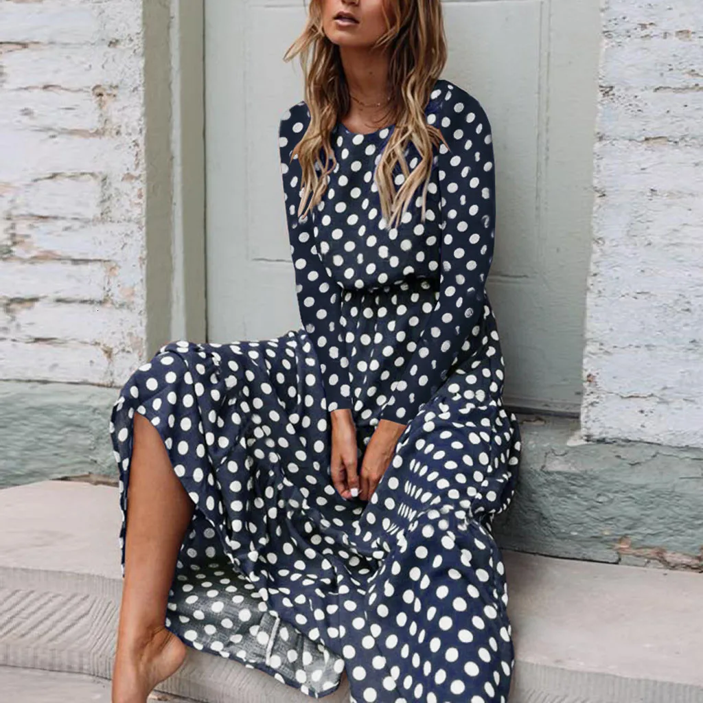 Autumn Women Maxi Dresses Sexy Dot Printing Long Sleeve O Neck Long Party Dress Elegant dresses woman party night 2019 vestidos