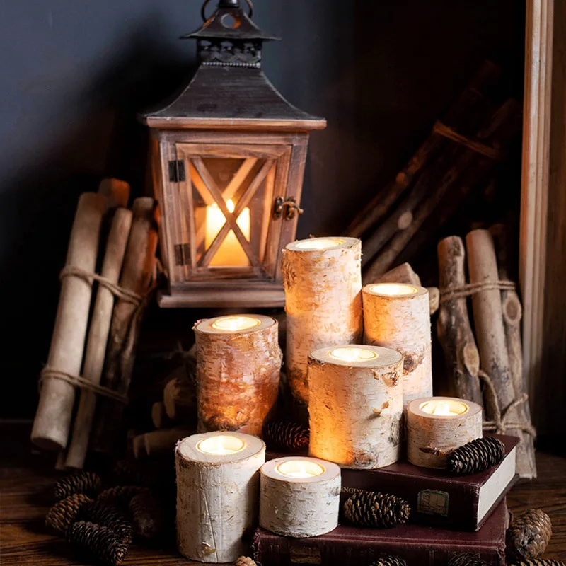 

American-Style Village Retro Wood Iron Art Candlestick Lantern Wooden Craftwork Creative Christmas Candlestick Soft Loading Deco