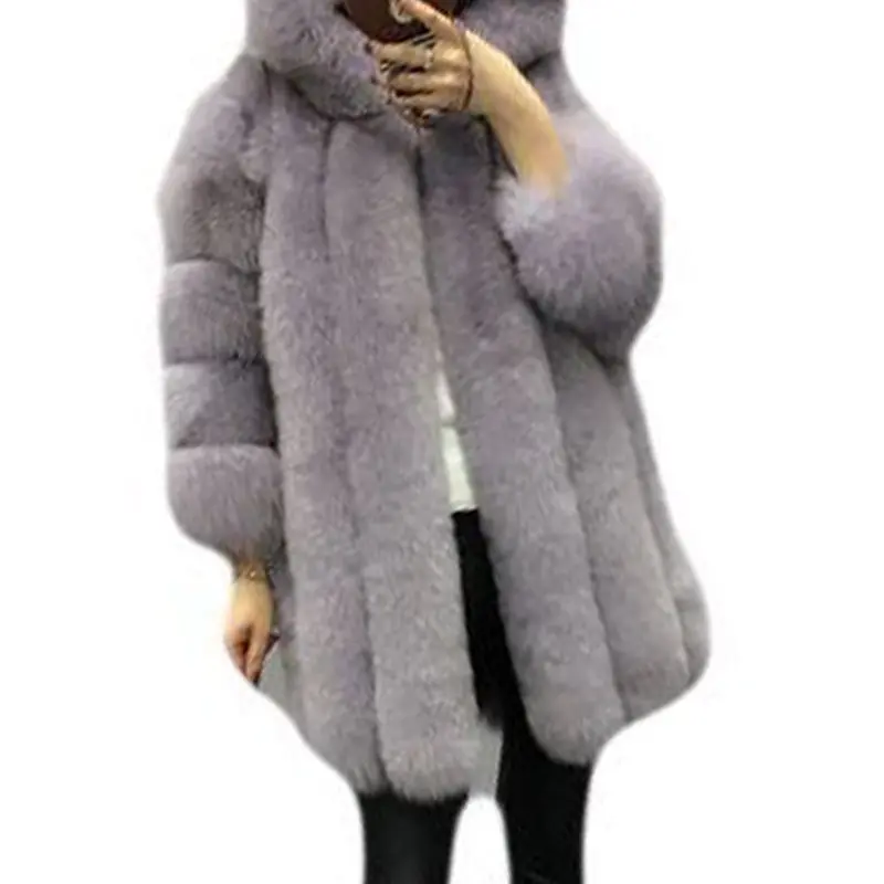 Winter Warm Faux Fox Fur Coats Women Plus Size Thick Jacket Casual Hooded Color Outwear Fake Fur Oversized Overcoat Female