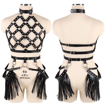 

Leather Harness Bra Set for Women Tassel Garter Belt Harajuku Gothic Hollow Out Adjust Plus Size Sexy Lingerie Cosplay Rave