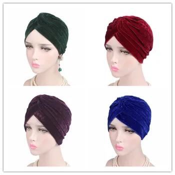 

New Style Stretch Velvet Women Turban Hats Head Wrap Turban Hat Women Chemo Cap Muslim Hijab Scarf Headwear High Quality