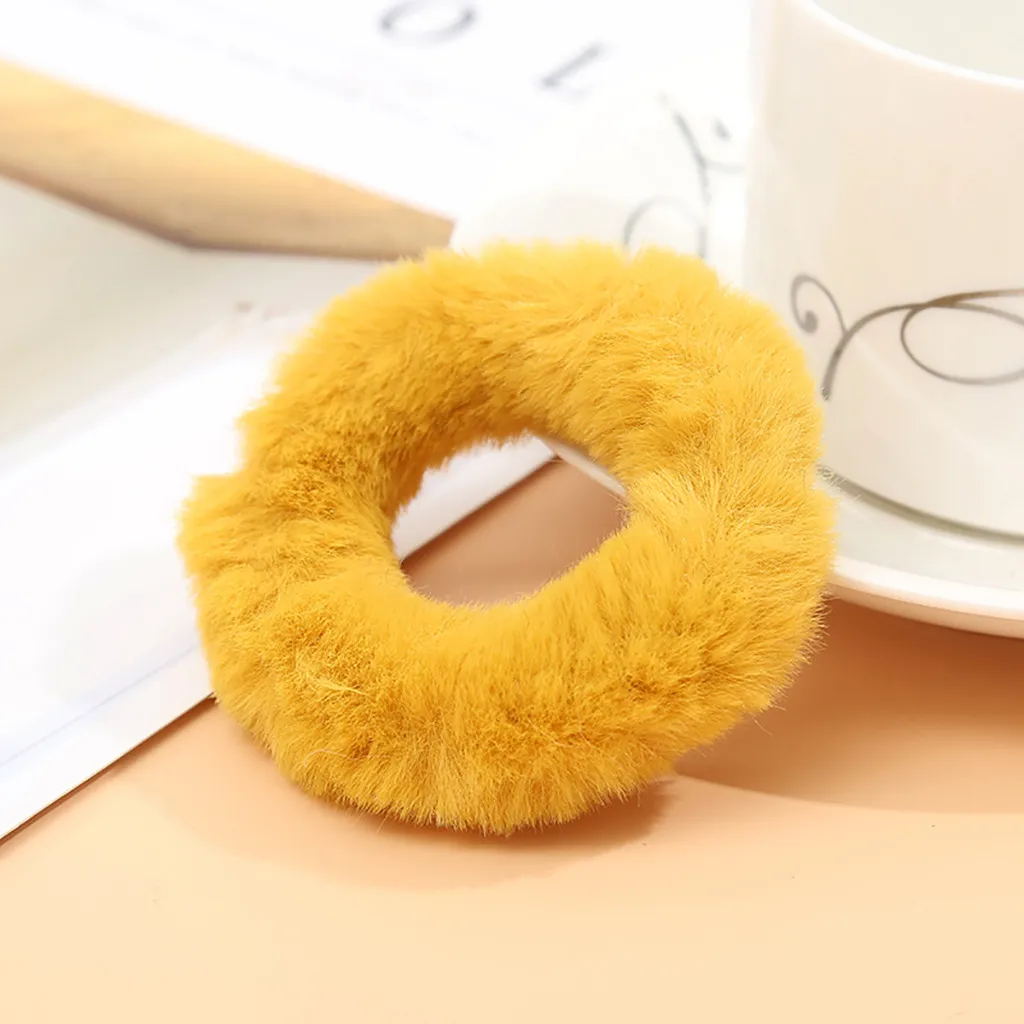 Yellow 1PC Faux Fur Furry Scrunchie Winter Elastic Hair Rubber Band Adult Simple Solid Soft Plush Hair Band For Women Hair Accessories - Color: Yellow