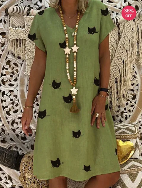 cat dress 6 Летние платья Robe Femme Ete пляжные хиппи бохо размера плюс платья для женщин 4xl 5xl линия Sukienka льняная одежда из хлопка - Цвет: cat dress 6