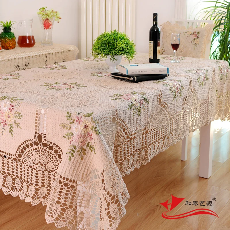 

Handmade Crochet Tablecloth,Elegant European Rustic Floral Table Decoration,Cotton Linen Hollow Out Table Cloth