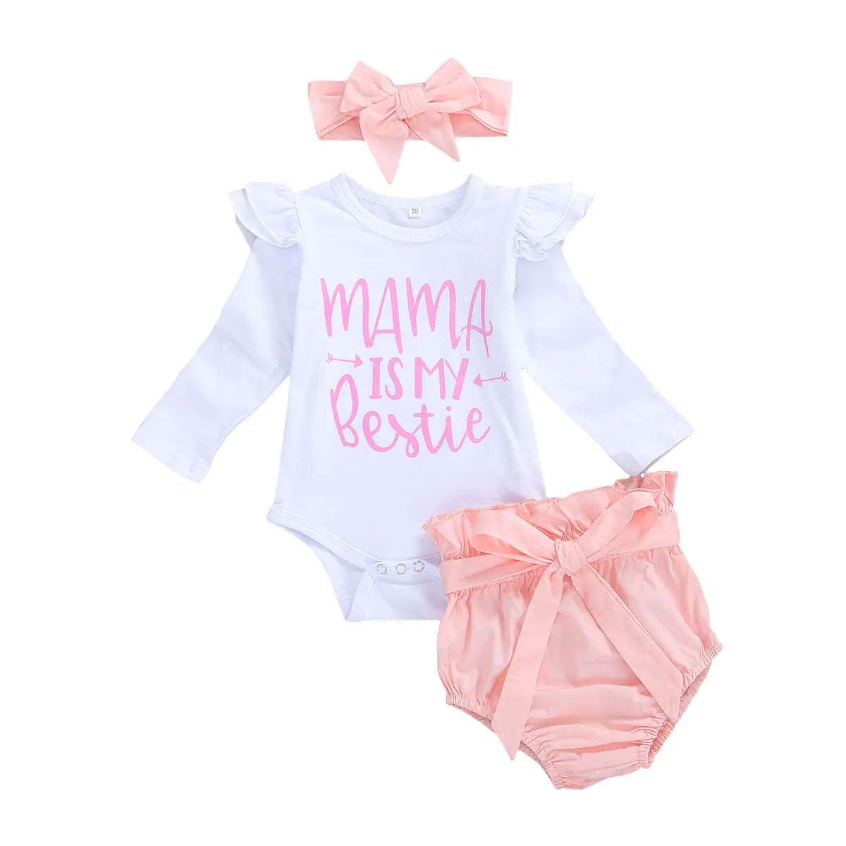 

3 Pcs Newborn Baby Girls Casual Ruffle Outfits, Infant Long Sleeve Round Neck Letter Romper + Lace-up Shorts + Bow Headband