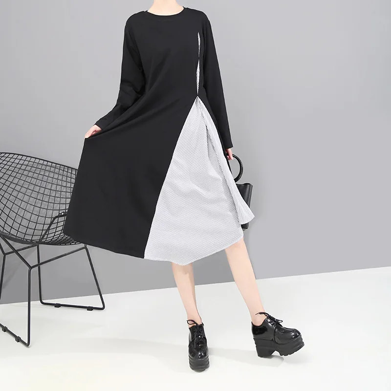 

[YaLee] New Fashion 2019 Summer Autumn Contrast Color Round Neck Long Sleeve Irregular Loose Dress Women N221