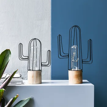 

Northern Europe Ins Simple Wooden Iron Cactus Decoration Small Night Light Desktop Living Room Window Display Props