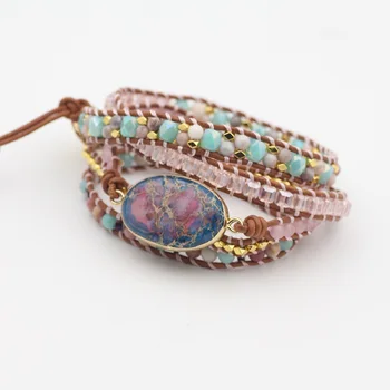 

Natural Stone Bracelet for Women Bohemian Multi Layers Multicolour Turquoise Hand-woven Leather Lovers Bracelet Boho Jewelry