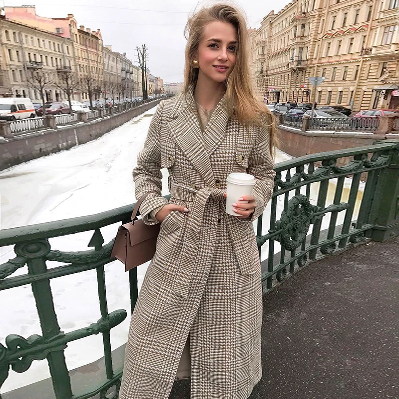plaid Affogato элегантное клетчатое пальто с поясом, длинное женское пальто с длинным рукавом, Осень-зима, теплое Женское пальто на пуговицах, женское твидовое пальто - Цвет: plaid