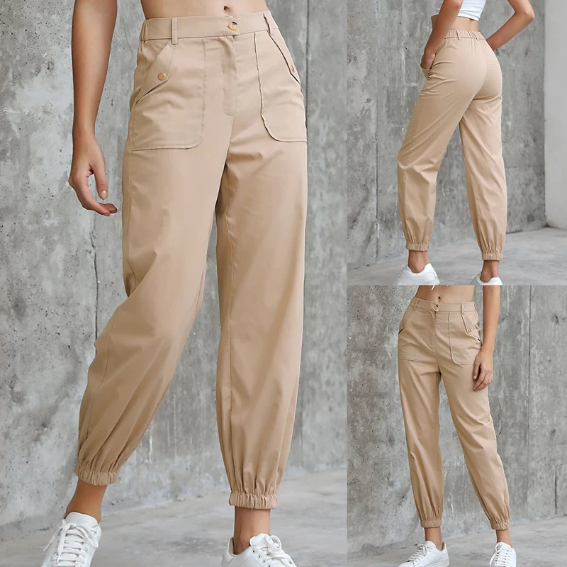 

2019 Women Cargo Harem Pants High Waist French Terry Jogger Pants Hip-Pop Sports Leggings Trouser Solid Long Daily Casual Pants